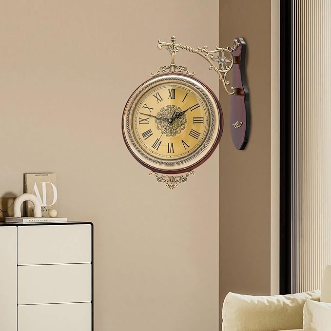 Coffee Double Sided Large Wall Clock, Elegant, Traditional, Vintage Style 360° Rotating Metal Wall Clock, Indoor Outdoor Office Living Room Porch Clock Wall Decor (Coffee Double Sided Clock)