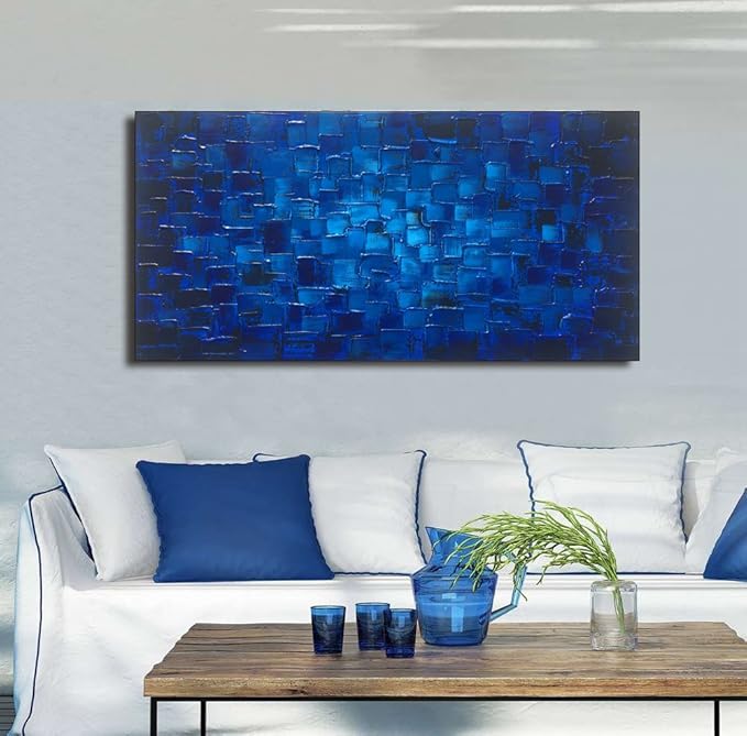 MyArton Large Abstract Dark Blue Square Wall Art Hand Painted Textured Oil Painting on Canvas Ready To Hang 60x30inch