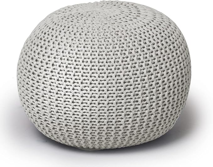 Urban Lifestyle Round Knit Pouf - Hand Woven Cotton, Ivory