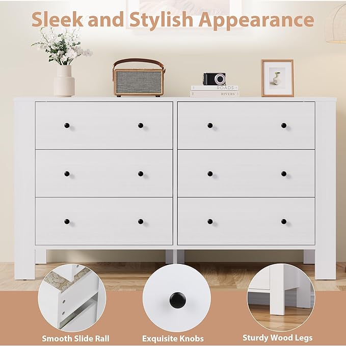 GarveeHome White 6 Drawer Dresser for Bedroom, Modern Wide Dresser Organizer with Storage Drawers, Wooden Chests of Drawers for Bedroom, Entryway, Hallway, Home Office