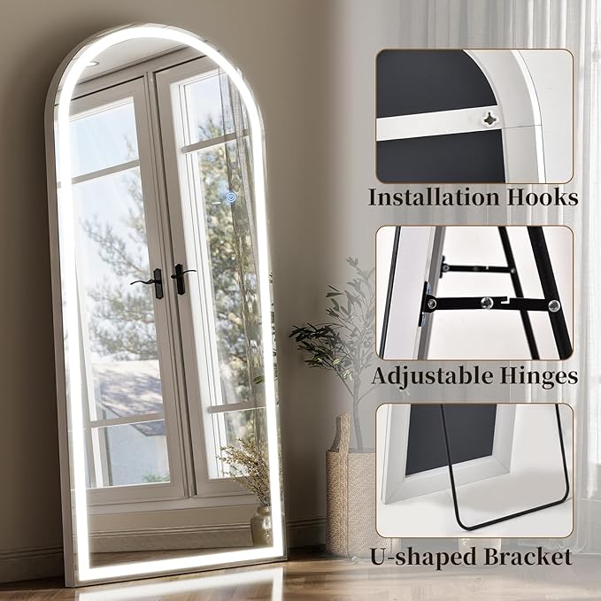 GLSLAND Arched LED Full Length Mirror - 65"x26" Full Body Standing Mirrors with Light for Bedroom/Cloakroom -Dimmable & 3 Color Lighting/Wall Mounted