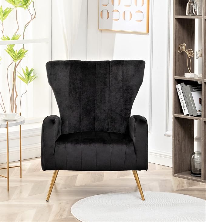 Modern Velvet Accent Chair, Channel Tufted Bedroom, Office or Living Room Furniture with Elegant Metal Legs, 26" Wide Armchair, Black