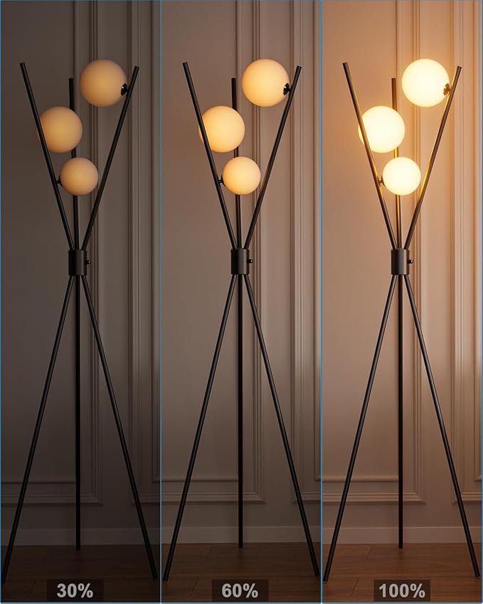 Lightdot 60IN Dimmable Black Tripod Floor Lamp Mid Century Standing Lamps with 3Pcs 3000K Bulbs Included Globe Eye Care&Stable Base Modern Tall Lamp for Living Room/Bedroom/Sofa Beside/Corner Decor