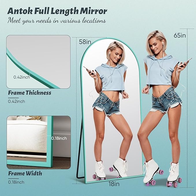 Antok Full Length Mirror, 58"x18" Floor Mirror, Arched Floor Standing Freestanding Arch Full Body Mirrors with Stand for Bedroom, Hanging Mounted for Living Room Cloakroom,Blue