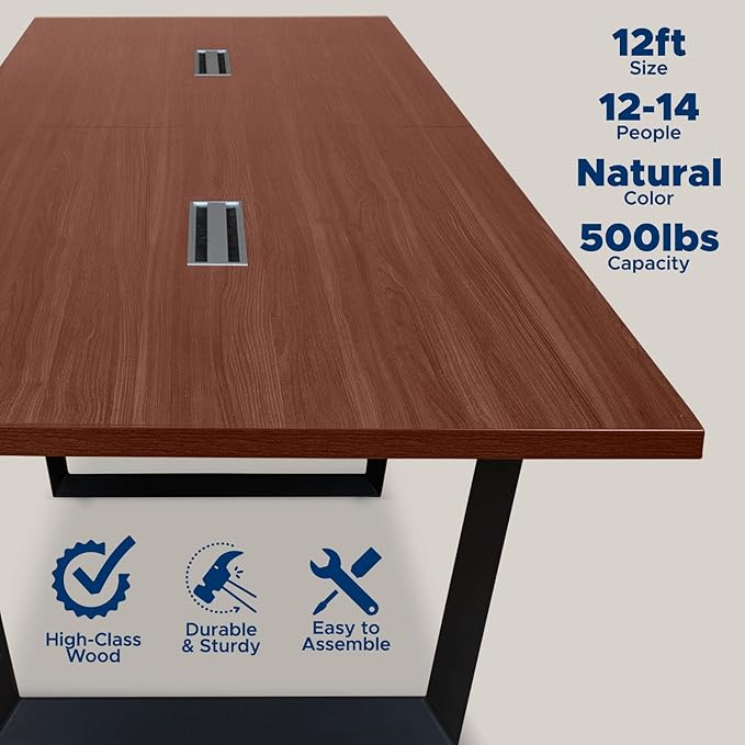 Sturdy Conference Table with Cable Management Grommets Modern Rectangle Office Meeting Table with Wood Tabletop and Metal Frame & Legs- Easy Assembly Boardroom Table (Mahogany, 12 Foot)
