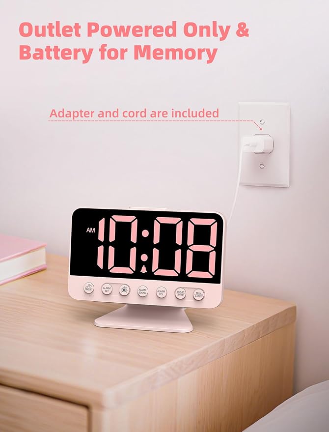 Digital Alarm Clocks for Bedrooms: Large Bold Number 5 Brightness Dimmer - Easy to Read Across The Room - 5 Alarm Sound 8 Night Light - Sakura Pink