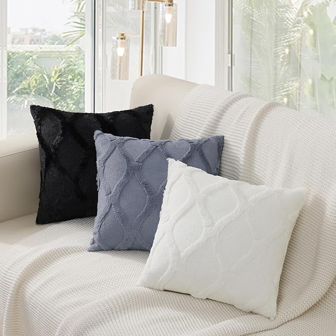 decorUhome Spring Throw Pillow Covers 12x20 Inch Set of 2, Soft Plush Faux Fur Wool Lumbar Black Couch Pillow Covers, Decorative Neutral Pillow Cases for Bed Sofa Living Room Home Decor