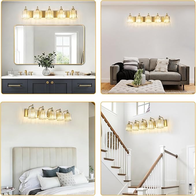 5-Light Modern Vanity Lights Brushed Brass Bathroom Light Fixtures Over Mirror Gold Bathroom Vanity Lighting with Crystal Shade E26 Base Wall Sconce for Bedroom Living Room Restroom Wall Lamp