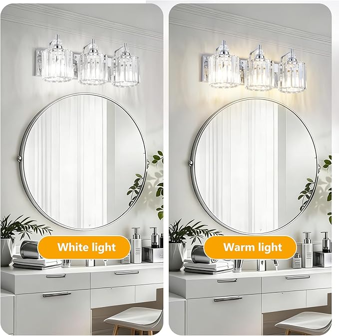 3-Light Modern Bathroom Light Fixture Chrome Bathroom Vanity Lights Over Mirror Wall Sconce Lighting with K9 Crystal Shades E26 Base for Bedroom, Living Room, Hallway, Cabinet Wall Lamp