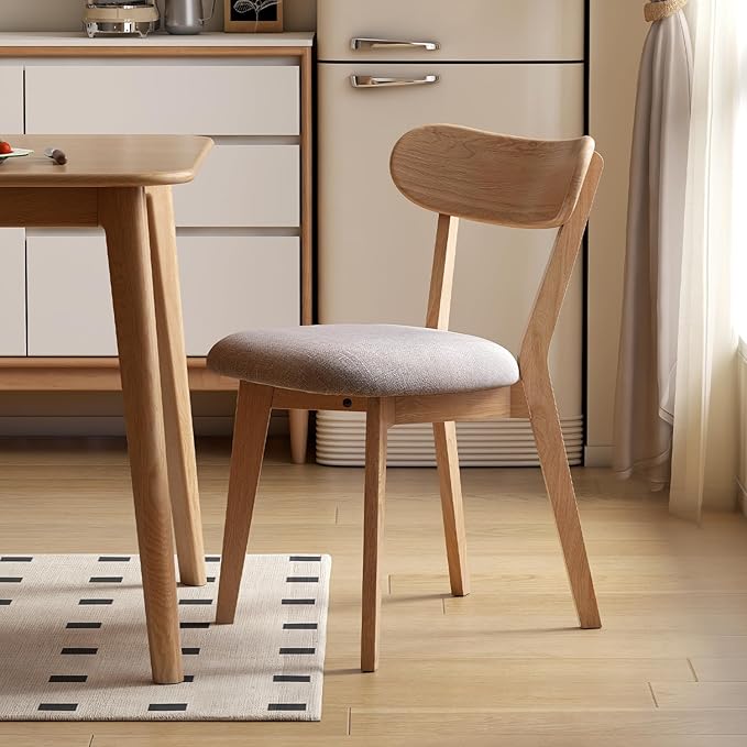 100% Solid Oak Dining Chairs, Mid Century Modern Dining Chair with Curved Backrest, Fabric Upholstered Dining Chairs for Kitchen, Study, Living Room (2, Original Wood-Gray Cushion)