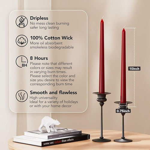 10-Inch Tall Dripless Taper Candles Set of 4 - Dark Red Tapered Candles, Perfect for Christmas - Smokeless, Unscented, Long Burning - Hand Poured, Colored Tall Candlesticks - Bordeaux