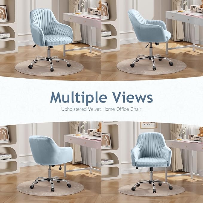 Warmiehomy Velvet Desk Chair for Home Office, Modern Adjustable Swivel Task Chair, Women Vanity Chairs with Arm Rest for Bedroom Dressing Room, Light Blue