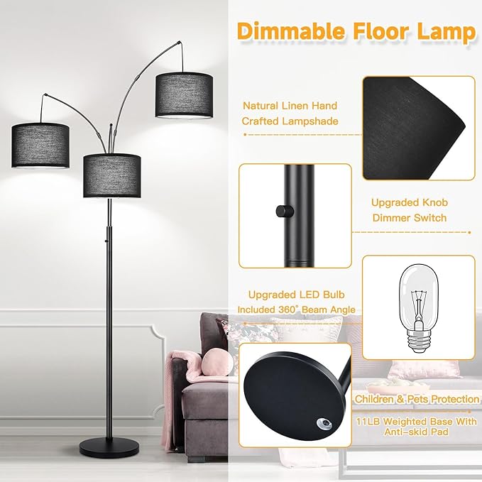 Dimmable Floor Lamp, 3 Lights Black Arc Floor Lamps for Living Room, Modern Tall Standing Tree Lamp with Black Shade & Heavy Base, Large Floor Lamp for Bedroom Office, 3x1000 LM LED Bulbs Included
