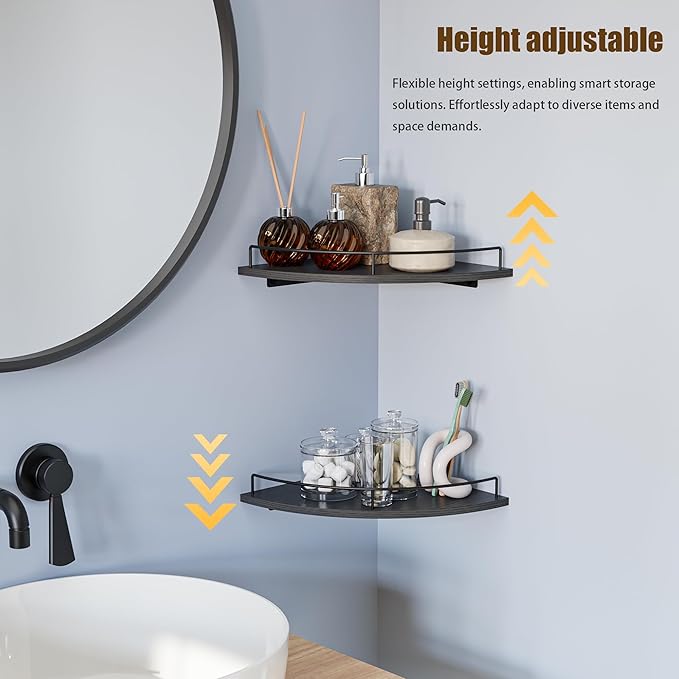 Corner Floating Shelves, Rustic Brown Wood, Set of 2, Wall Mount Storage with Guardrail for Bathroom Kitchen Living Room (Black)