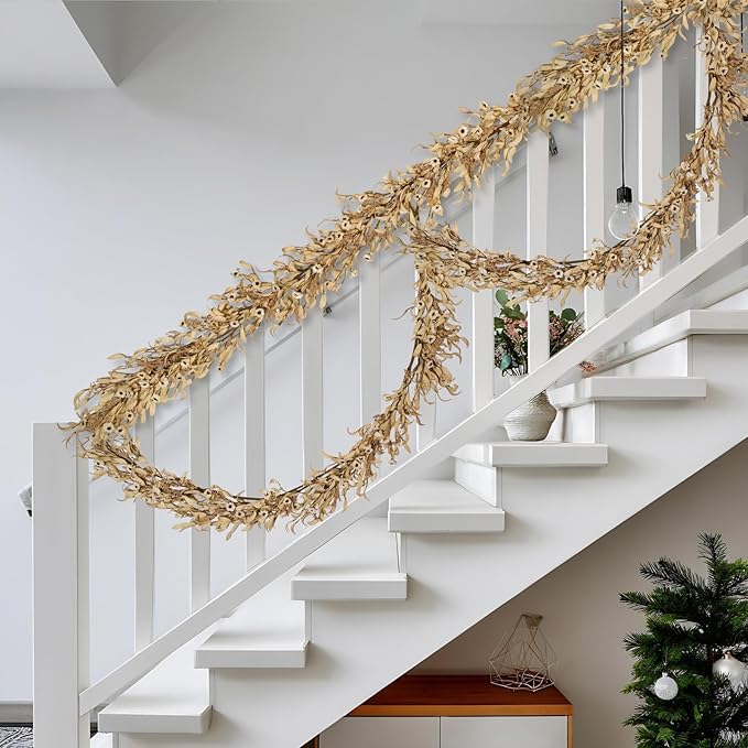 70 Inch White Floral Garland with Artificial Eucalyptus & Boxwood - Trailing Long Vine White for Mantel, Staircase, Wall Decor, All Season Farmhouse Decoration Indoor Outdoor