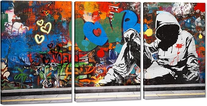Novatique Colorful Graffiti Wall Art Street Wall Decor Graffiti Painting Picture Banksy Style Wall Art Modern Home Decor for Bedroom Living Room Office, 24"x 36"x 3Pcs