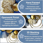 edaknez Metal Wall Art for Living Room, Extra Large Metal Wall Decor, 3D Modern Leaves Wall Decoration, Lotus Flower Wall Hanging Sculpture, for Indoor Outdoor, Blue & Gold (A 130x66x6cm)