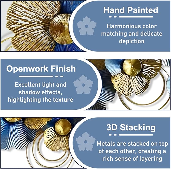 edaknez Metal Wall Art for Living Room, Extra Large Metal Wall Decor, 3D Modern Leaves Wall Decoration, Lotus Flower Wall Hanging Sculpture, for Indoor Outdoor, Blue & Gold (A 130x66x6cm)