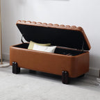 Kmax 45" Storage Bench PU Leather Entryway Bench Upholstered Ottoman Bench with Wavy Top & Safty Hinge for Bedroom Living Room Hallway, Brown