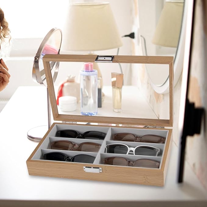 6-Slot Wood Sunglasses Organizer Eyeglasses Jewelry Watch Display Holder Collection Case
