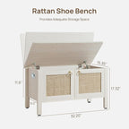 SICOTAS Rattan Shoe Rack Bench with Lift Top Storage: White Farmhouse Boho Shoe Cabinet Entryway Bench with Safety Hinges, Wooden Storage Chest for Bedroom, Entryway, Hallway, Living Room