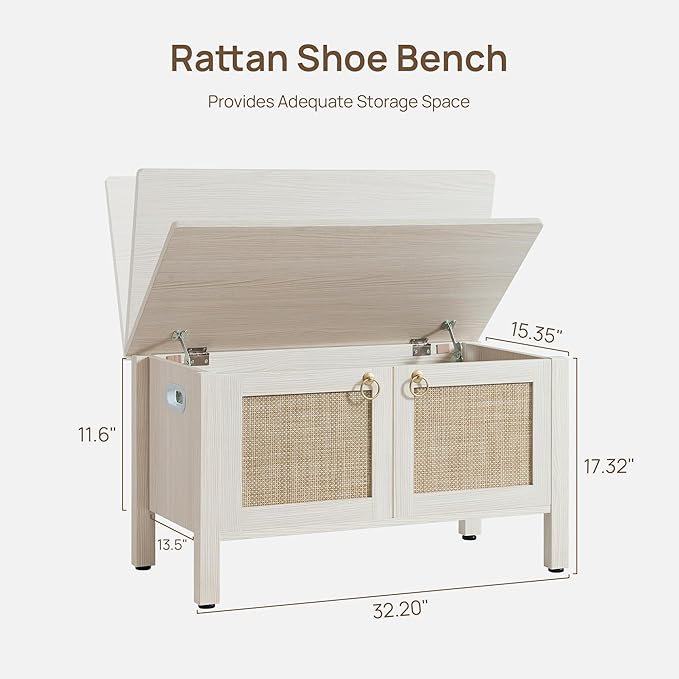SICOTAS Rattan Shoe Bench - 2 Pieces Farmhouse Shoe Organizer Bench with Lift Top Storage and Hidden Cabinet, Boho Shoe Rack Cabinet for Entryway, Hallway, Bedroom (White Cream Oak)