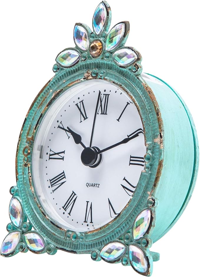 NIKKY HOME Vintage Pewter Quartz Mini Table Clock with Crystal Shining Rhinestone, 2.87 x 1.37 x 3.87 Inches, Aqua