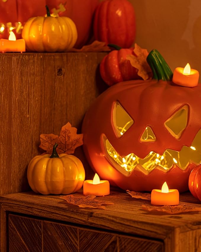Halloween Flameless Candles, 12-Pack Orange Tea Lights Candles Battery Operated, LED Pumpkin Lights Flickering, Electric Fake Tealight Candles, 1.5'' D X 1.25'' H