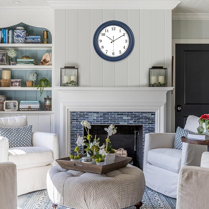 18 Inch Large Wall Clock, Battery Operated Silent Non-Ticking Indoor Outdoor Clock, Vintage Decorative Analog Metal Wall Clock for Living Room, Kitchen, Office, Patio - Blue