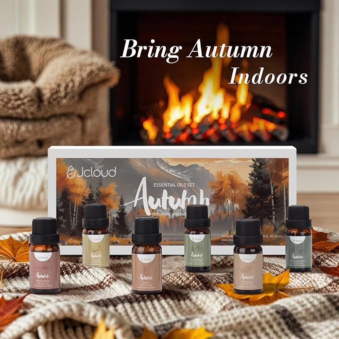 JCLOUD Fall Essential Oils for Diffusers for Home, Autumn Scented Fragrance Oils Gift Set, Incl. Black Vanilla, Cinnamon & Santal Aromatherapy Diffuser Oils - Spicy, Woody & Oriental Scents, 6 * 10mL