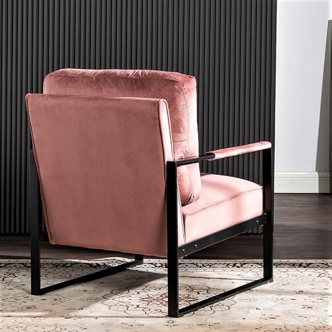 Container Furniture Classic Mid Century Modern Accent Chair with Durable Square Metal Frame, Armchair for Living Room, Bedroom, Home Office in Plush Velvet Upholstery, Rose