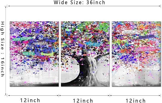 Novatique Graffiti Wall Decor Colorful Tree Wall Art Abstract Pop Graffiti Posters Canvas Print Street Art Tree of Life Wall Art Home Decor for Living Room Bathroom,12" x 16" x 3Pcs