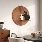 Troartos 3D Textured Round Abstract Wall Art for Living Room, Modern Brown Black and White Cat Design With Shelf, Minimalist Geometric Wall Decor for Hallway, Dining Room, Bedroom, Office, 24x24 Inch