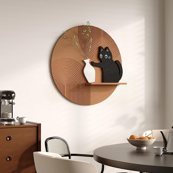 Troartos 3D Textured Round Abstract Wall Art for Living Room, Modern Brown Black and White Cat Design With Shelf, Minimalist Geometric Wall Decor for Hallway, Dining Room, Bedroom, Office, 24x24 Inch