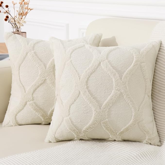 decorUhome Spring Euro Sham Throw Pillow Covers 26x26 Inch Set of 2, Soft Plush Faux Fur Wool Beige Couch Pillow Covers, Decorative Neutral Pillow Cases for Bed Sofa Living Room Home Decor