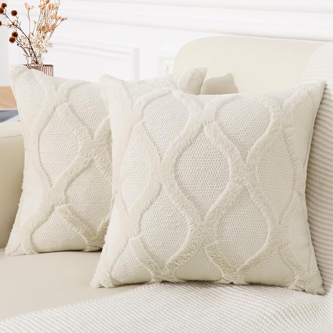 decorUhome Spring Euro Sham Throw Pillow Covers 22x22 Inch Set of 2, Soft Plush Faux Fur Wool Beige Couch Pillow Covers, Decorative Neutral Pillow Cases for Bed Sofa Living Room Home Decor