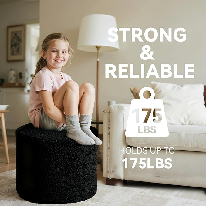 Round Boucle Pouf Ottoman Footrest – Soft & Lightweight Footstool with Full Foam Filling for Living Room, Bedroom