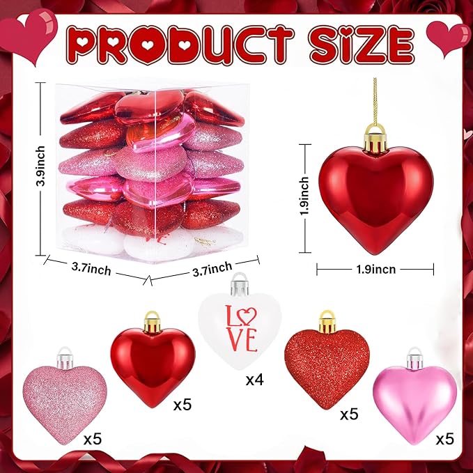 XmasExp Valentines Day Decor Heart Ornaments for Christmas Tree Decorations Set of 24 Pink Heart Shaped Bauble Perfect for Valentine's Day Wedding Anniversaries and Party Supplies