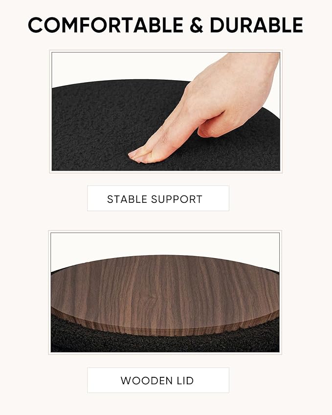 Round Ottoman with Storage, Boucle Foot Rest Stool with Reversible Tray Lid, Folding Teddy Ottoman Coffee Table for Dorm Living Room Bedroom Entryway, Black,13" x 13" x 13.8"