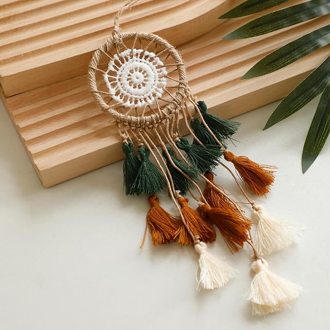 Artilady Small Dream Catcher for Cars - Bohemian Mini Dream Catchers for Cars Rear View Mirror Hanging Decoration (Green Brown)