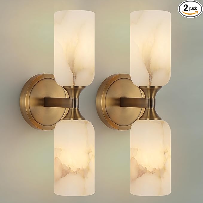 14.4in Gold Alabaster Wall Sconces Set of 2, Modern Brass Bathroom Sconce Light, Spanish Marble Wall Lamp, Hardwired LED Wall Lighting for Bedroom Living Room Staircase Hallway Dining Room