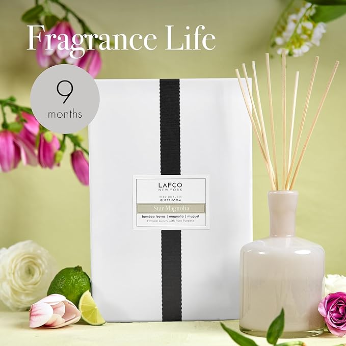 LAFCO New York Signature Reed Diffuser, Star Magnolia - 15 oz - Up to 9 Months Fragrance Life - Reusable, Hand Blown Glass Vessel - Natural Wood Reeds - Made in The USA