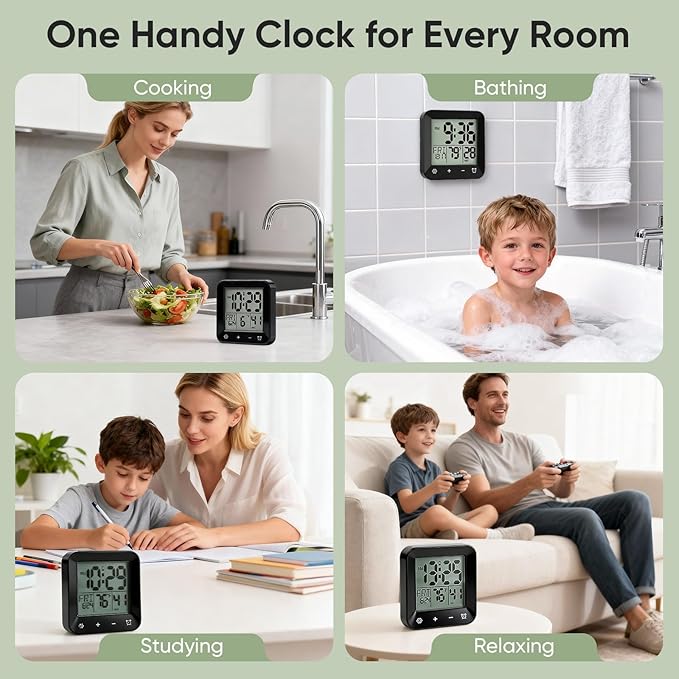 Digital Waterproof Shower Clock, Bathroom Kitchen Clock with Countdown Timer, Wall Clock with Large LCD Display, Temperature, Touch Button, Suction, Hanging Hole, Battery Operated I Black