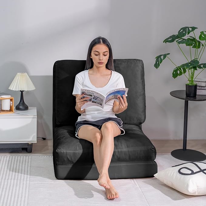 Bean Bag Chairs for Adults,Folding Sofa Bed,Floor Couch Bed, Foam Filling Fold Floor Mattress with Washable Soft Faux Fur Cover, Leisure Floor Couch for Bedroom Living Room(Black,Single)
