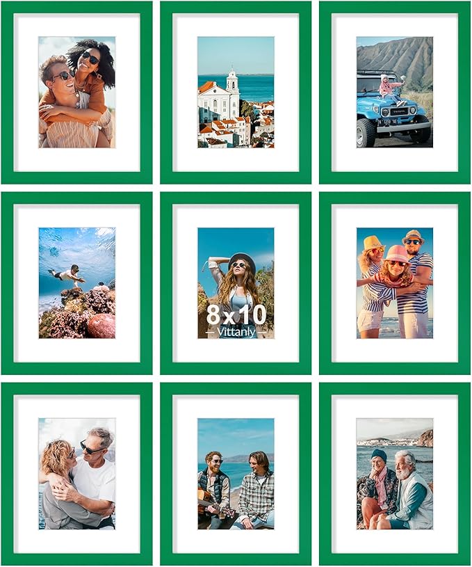 Vittanly 8x10 Picture Frames Set of 9, Shatter Resistant Plexiglass, Display 5x7 Pictures with Mat or 8x10 without Mat, Photo Frames for Wall or Tabletop, Engineered Wood, Green