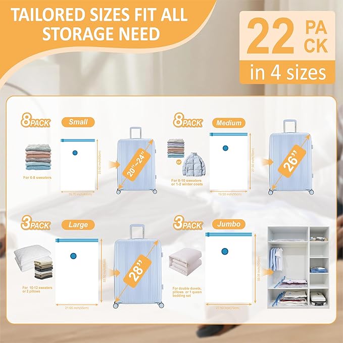 22 Pack Vacuum Storage Bags with Rechargeable Wireless Electric Pump, Vacuum Seal Space Saver Bags for Clothing, Pillows, Blanket, Bedding, Comforter