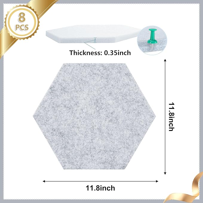 8 Packs Light Gray Hexagon Felt Pin Board, 12" Bulletin Board with 30 Push Pins, Felt Board for Home Kitchen Office Decor, Self-Adhesive Corkboard Tiles for Walls School Message Photos Memos