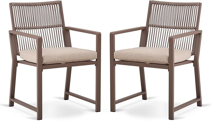 Aluminum Outdoor Patio Dining Chairs - Imitation Rope Vine Chair Ergonomic Backrest Design Detachable Seat Cushion Soft and Breathable Garden Porch, Light Brown Set of 2