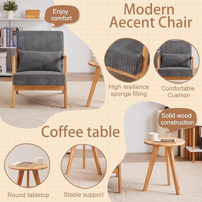 KEIKI Mid-Century Modern Upholstered Accent Chair with End Table, Lounge Chair Combo