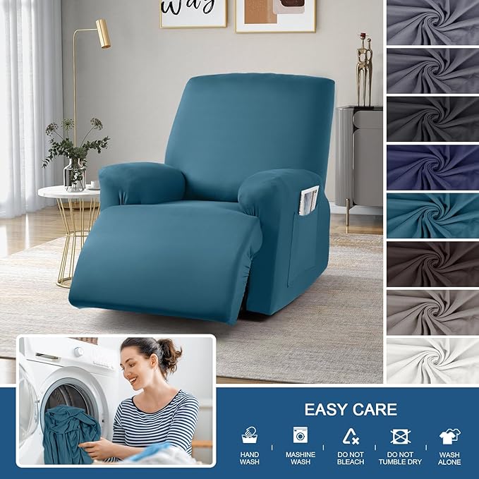 TAOCOCO Recliner Chair Covers 4-Pieces for Oversized Recliner, Stretch Recliner Cover for Large Chair Washable Polyester Soft Fabric Furniture Protector(Oversized Recliner, Turquoise Blue)